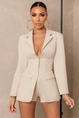 Cream Plunge Corset Waist Blazer