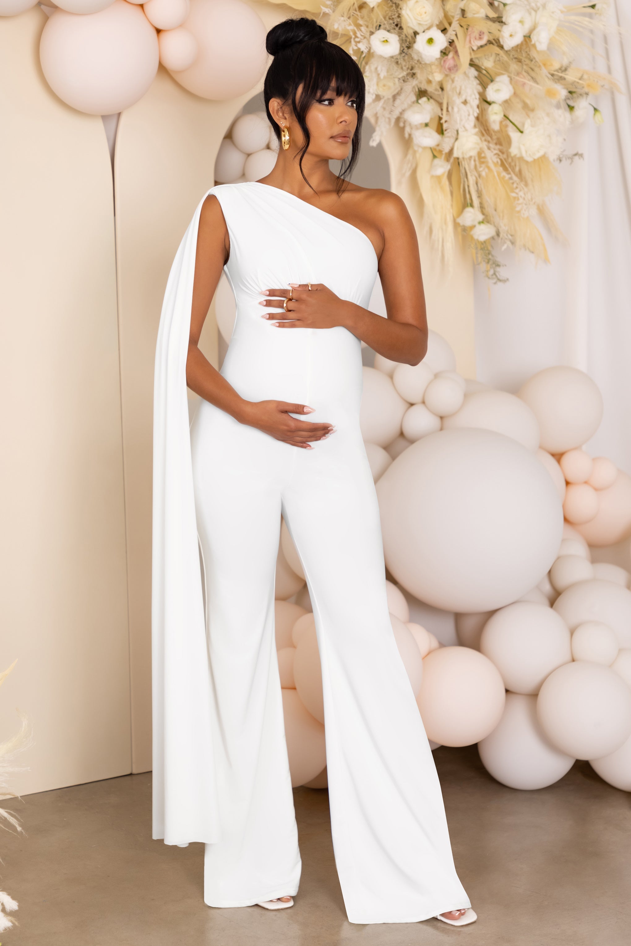 White Maternity One Shoulder Cape Jumpsuit