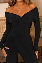 Black Twist Front Bardot Long Sleeve Jumpsuit