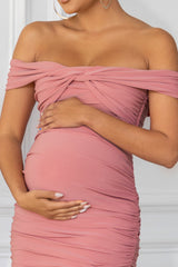 Pink Maternity Bardot Knot Ruched Midi Dress