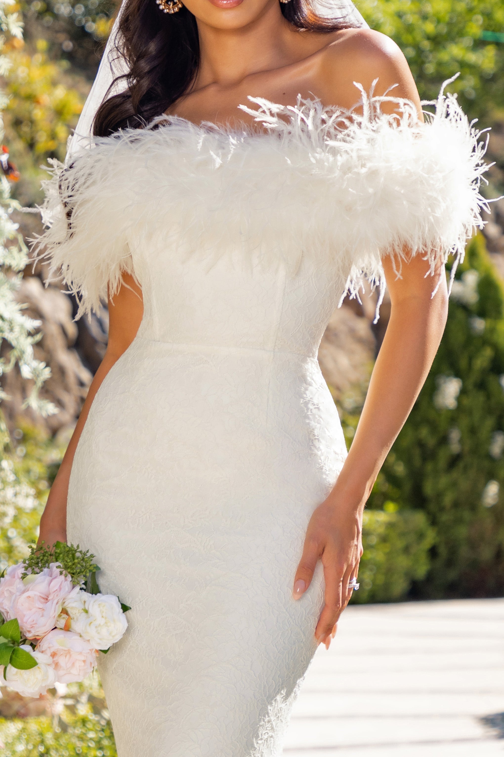 White Lace Bardot Feather Fishtail Maxi Dress