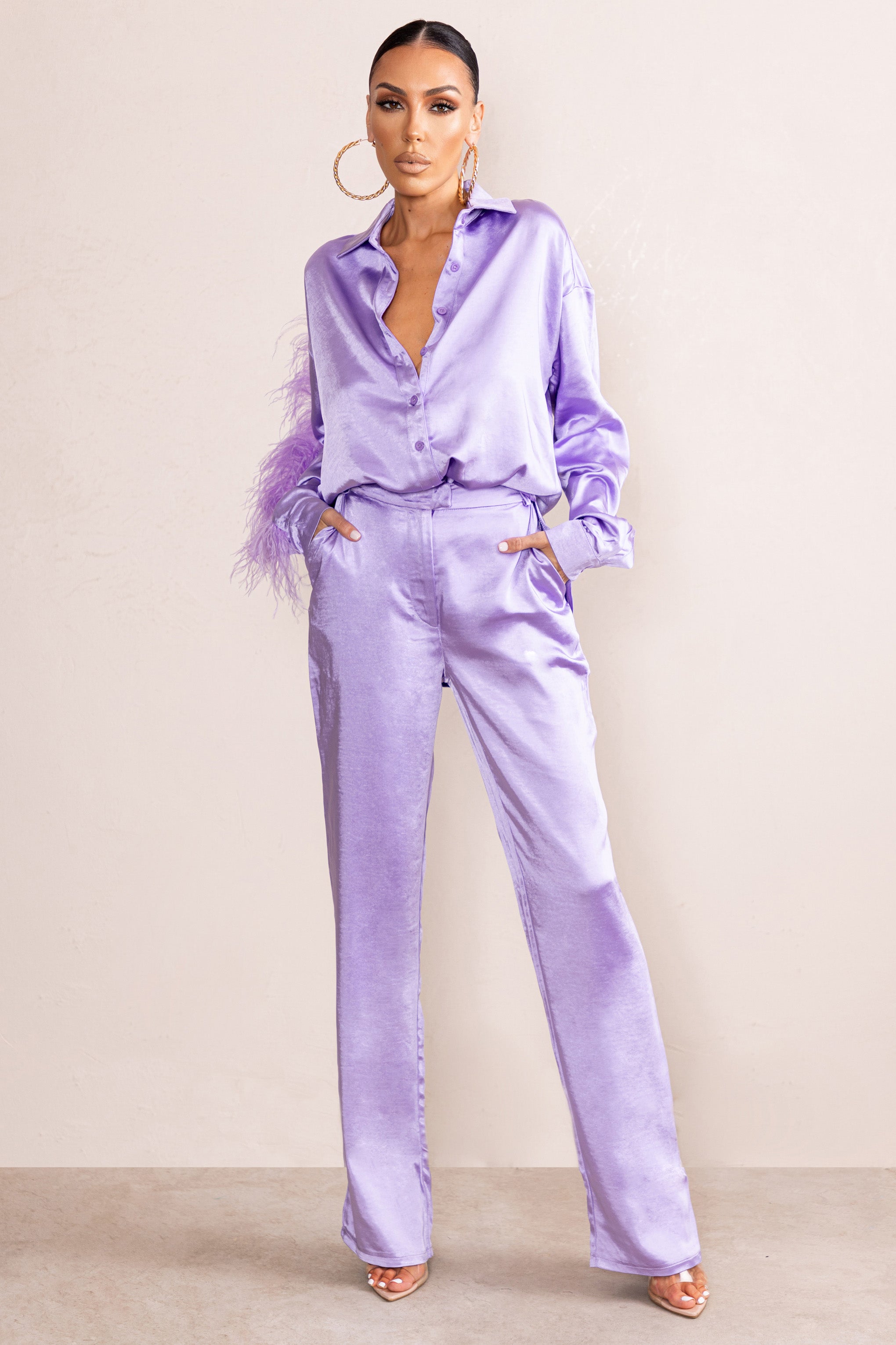 Lilac Satin Wide Leg Trousers