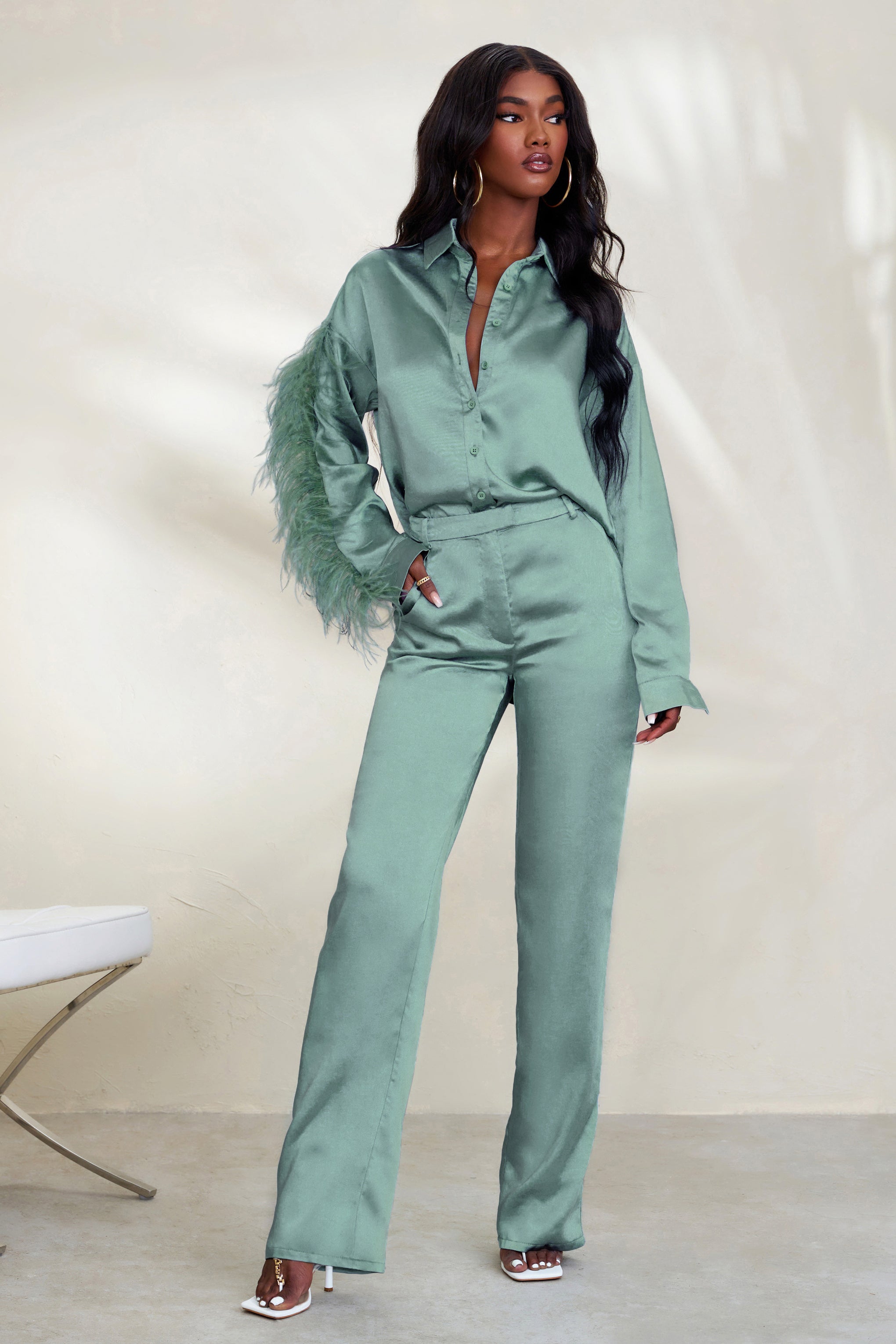Duck Egg Blue Satin Wide Leg Trousers