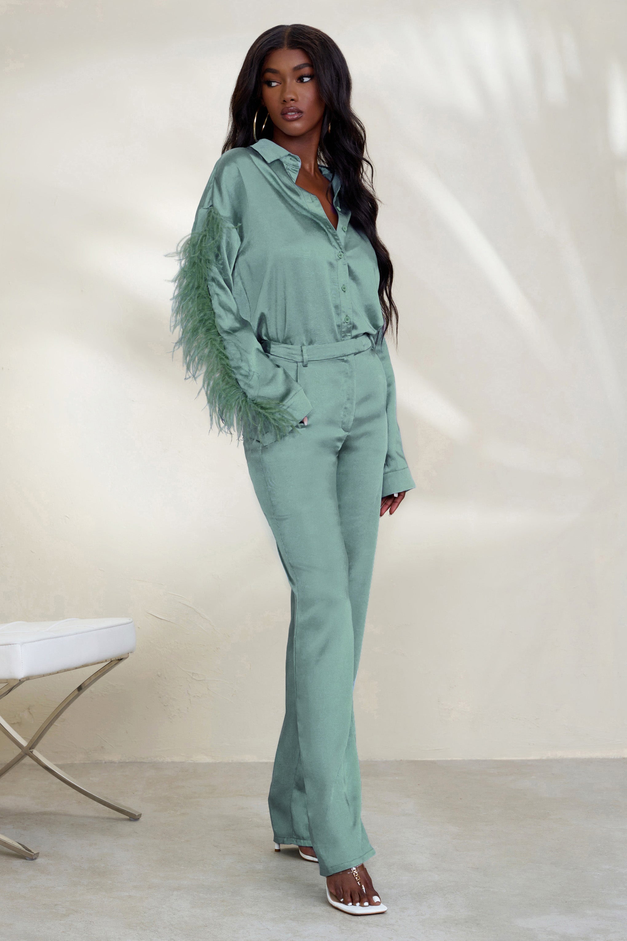 Duck Egg Blue Satin Wide Leg Trousers