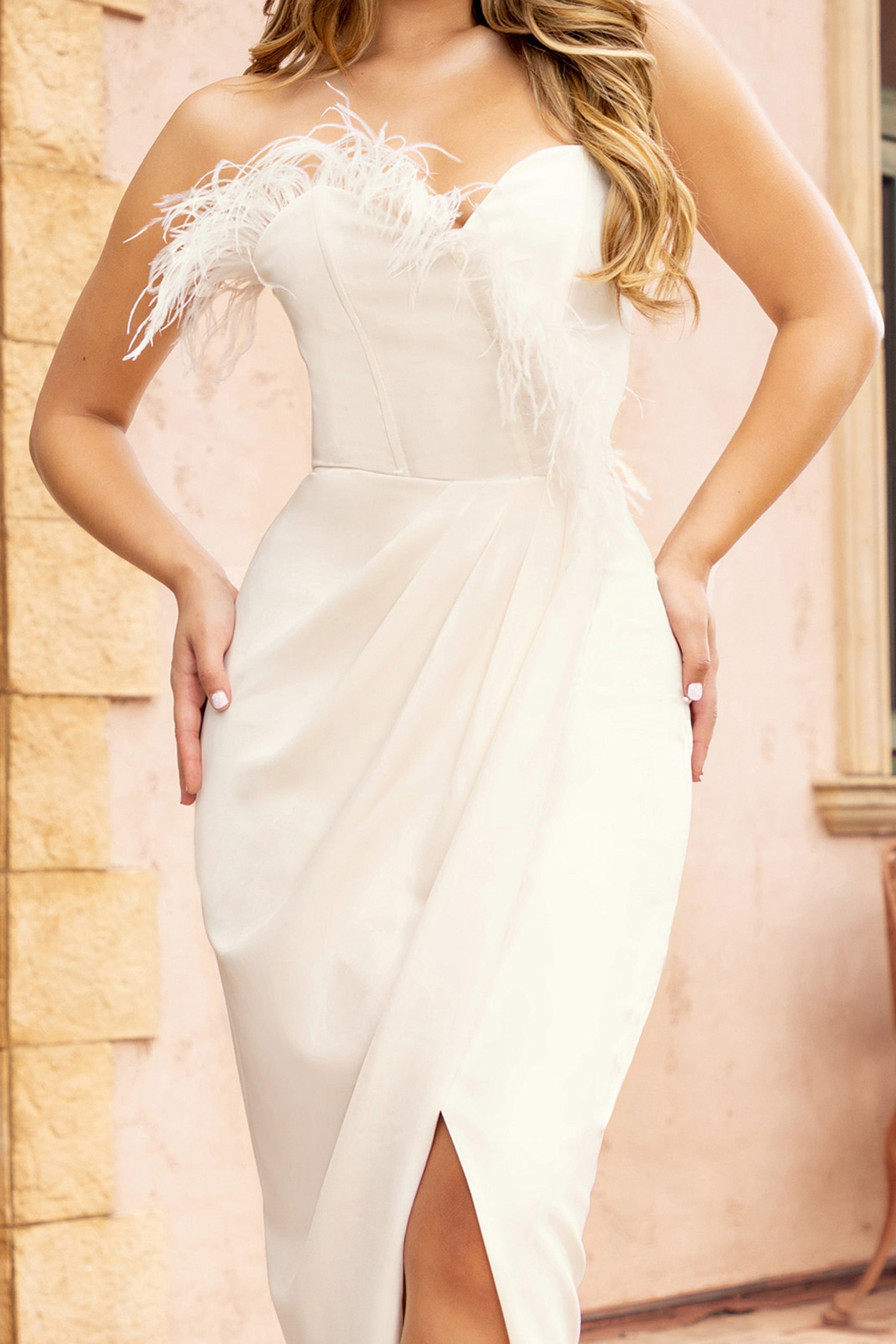 White Bandeau Thigh Split Maxi Dress With Feather Trim