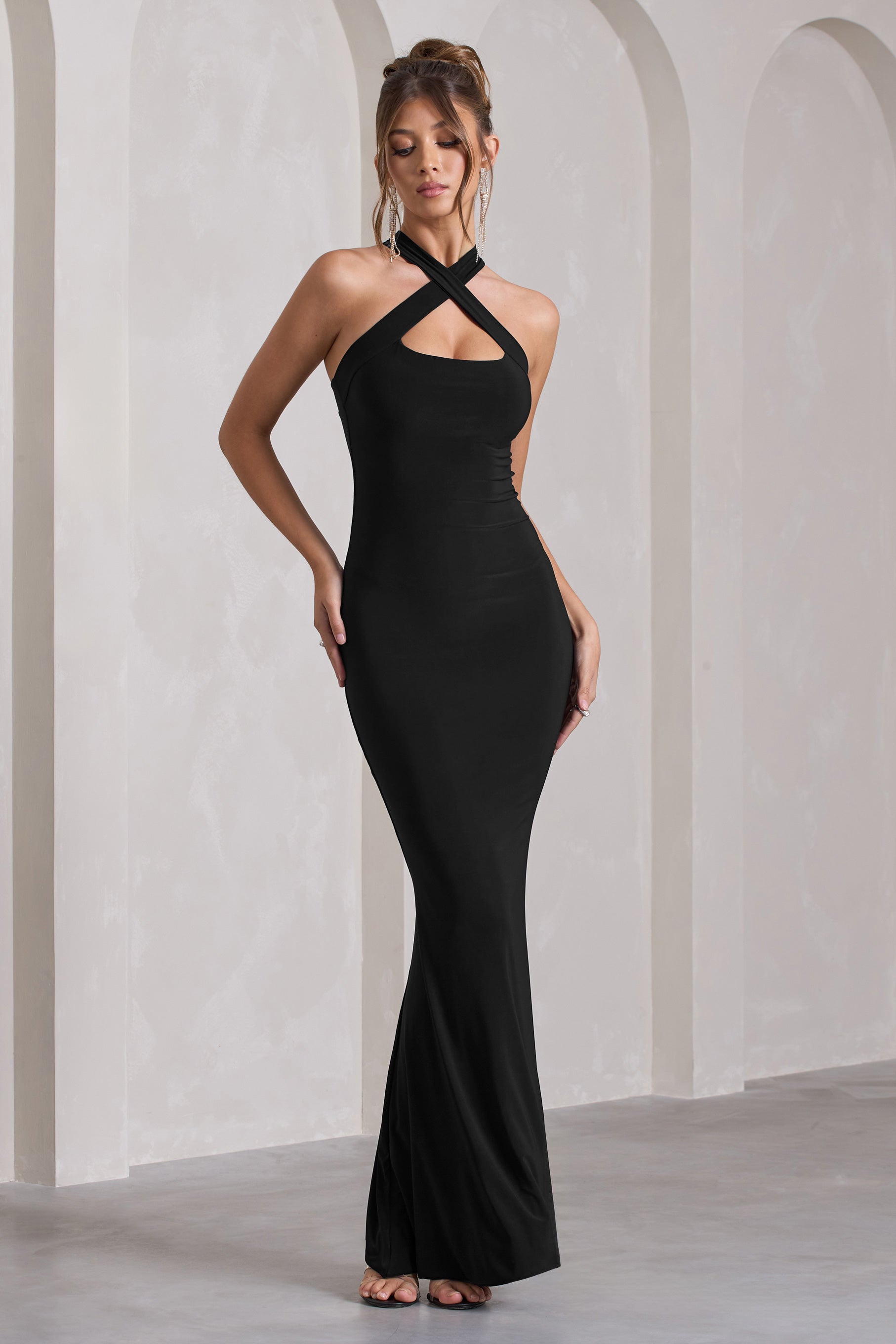 Black Sleeveless Cross-Neck Maxi Dress