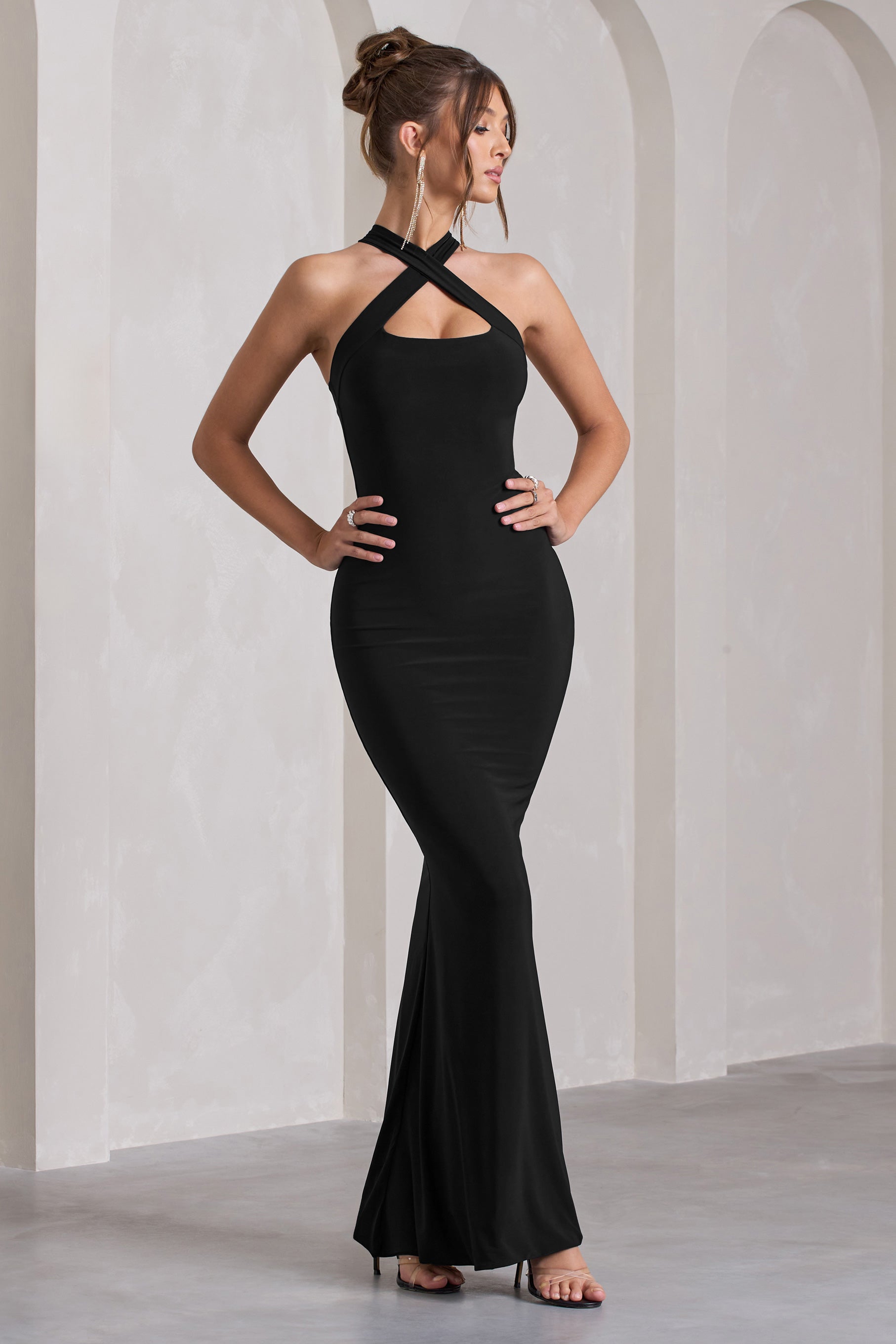 Black Sleeveless Cross-Neck Maxi Dress