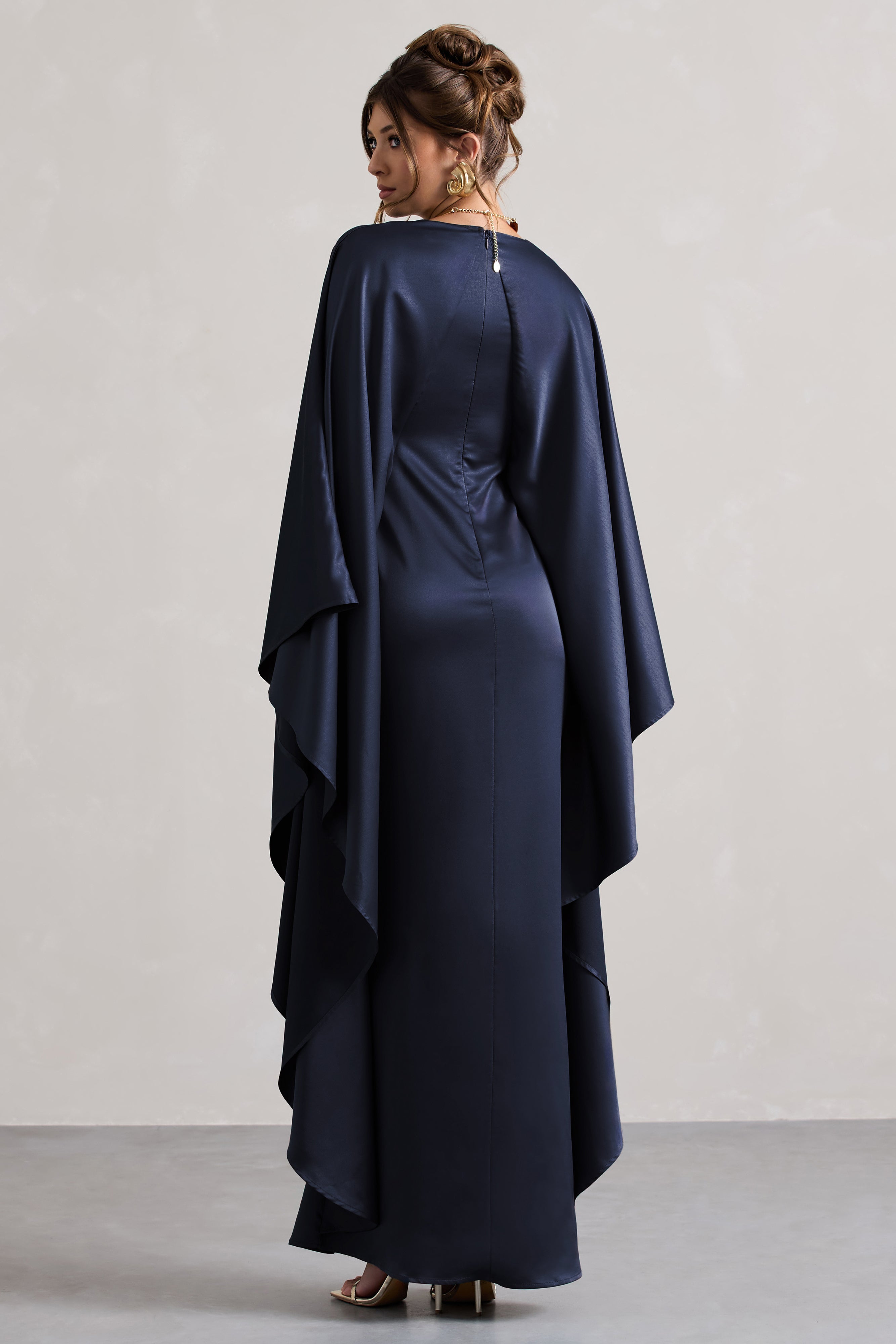 Navy Satin Plunge Cape Maxi Dress