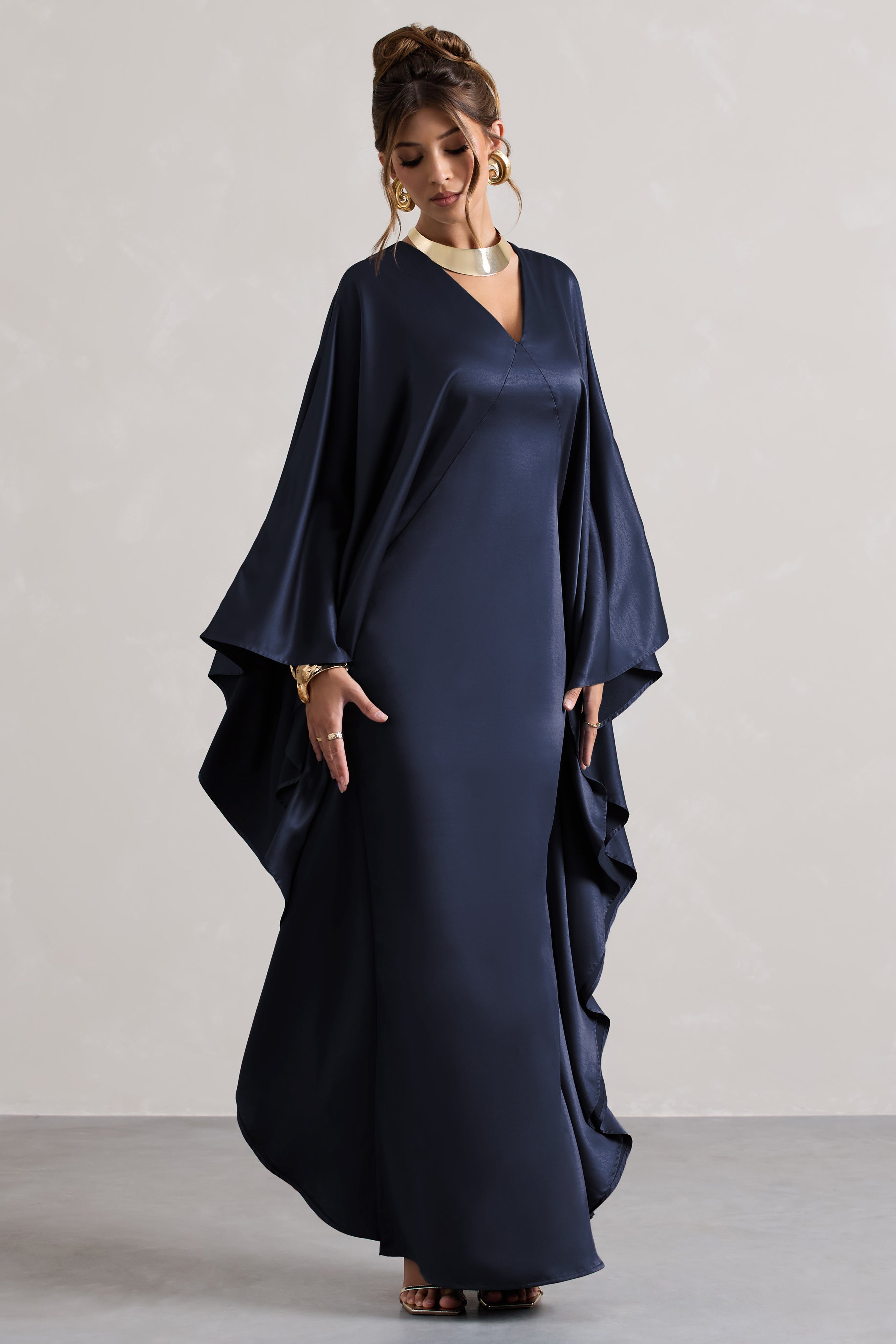 Navy Satin Plunge Cape Maxi Dress