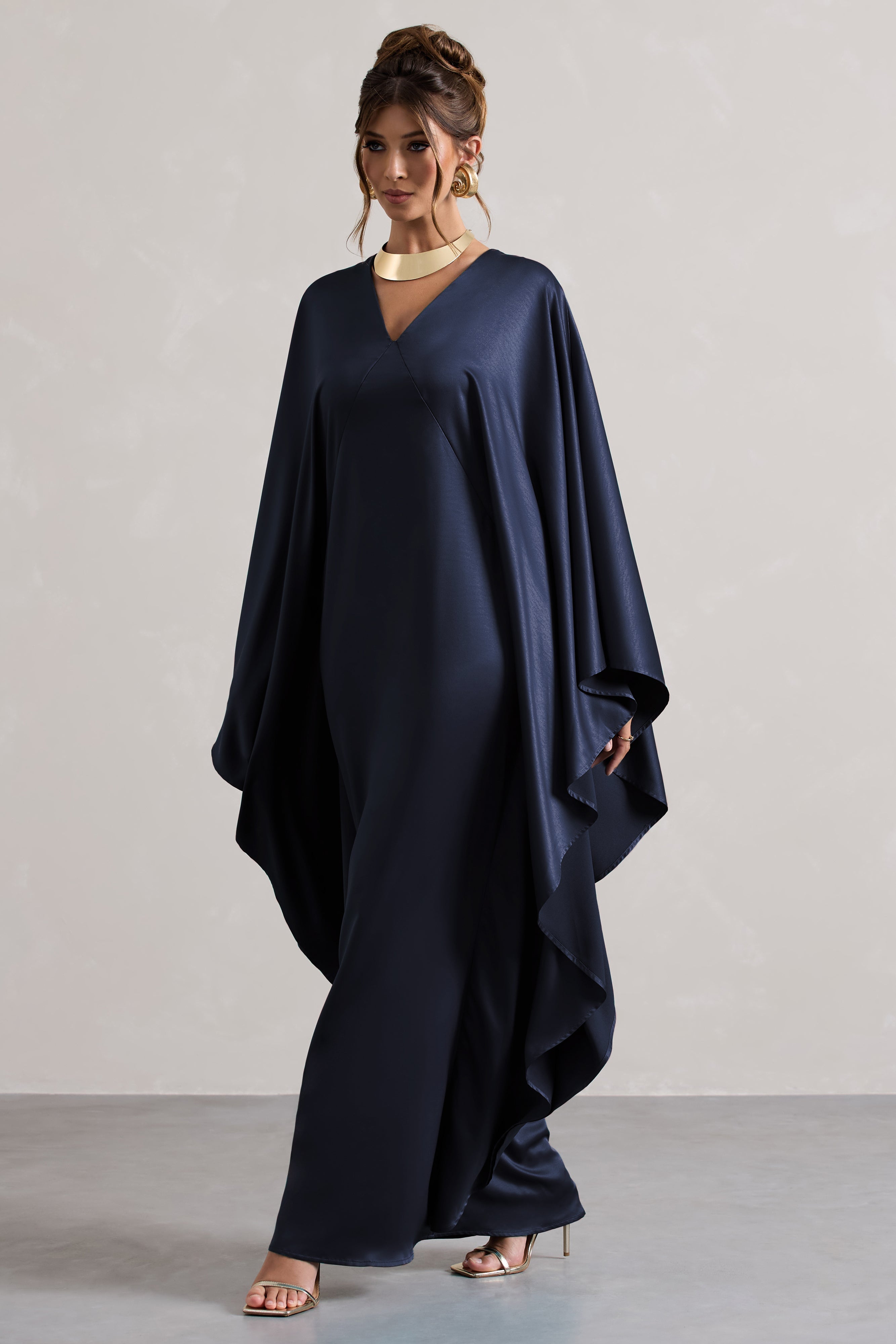Navy Satin Plunge Cape Maxi Dress