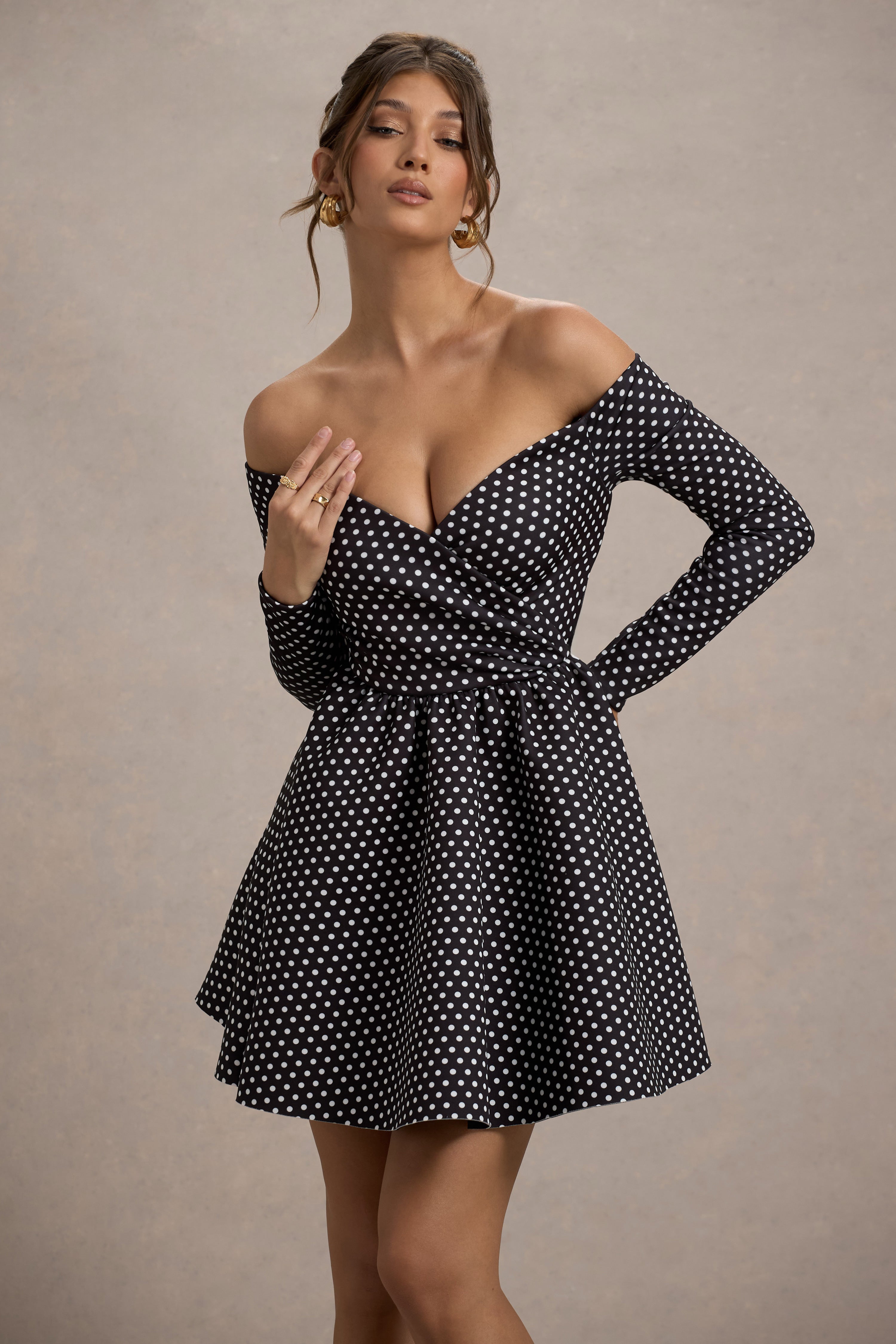 Black Polka Dot Bardot Long-Sleeve Mini Dress