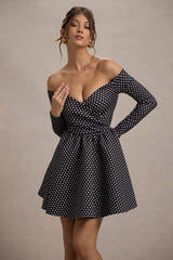 Black Polka Dot Bardot Long-Sleeve Mini Dress