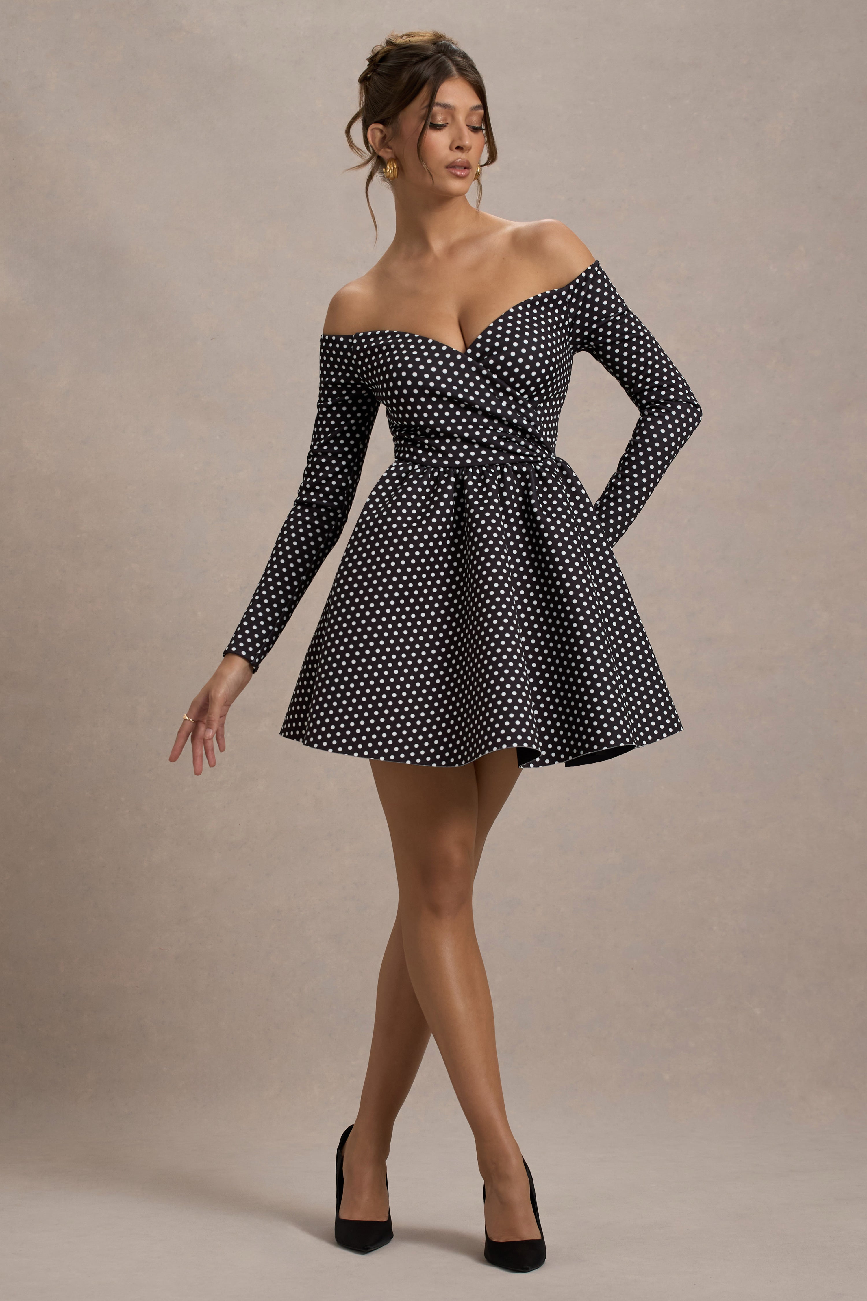 Black Polka Dot Bardot Long-Sleeve Mini Dress