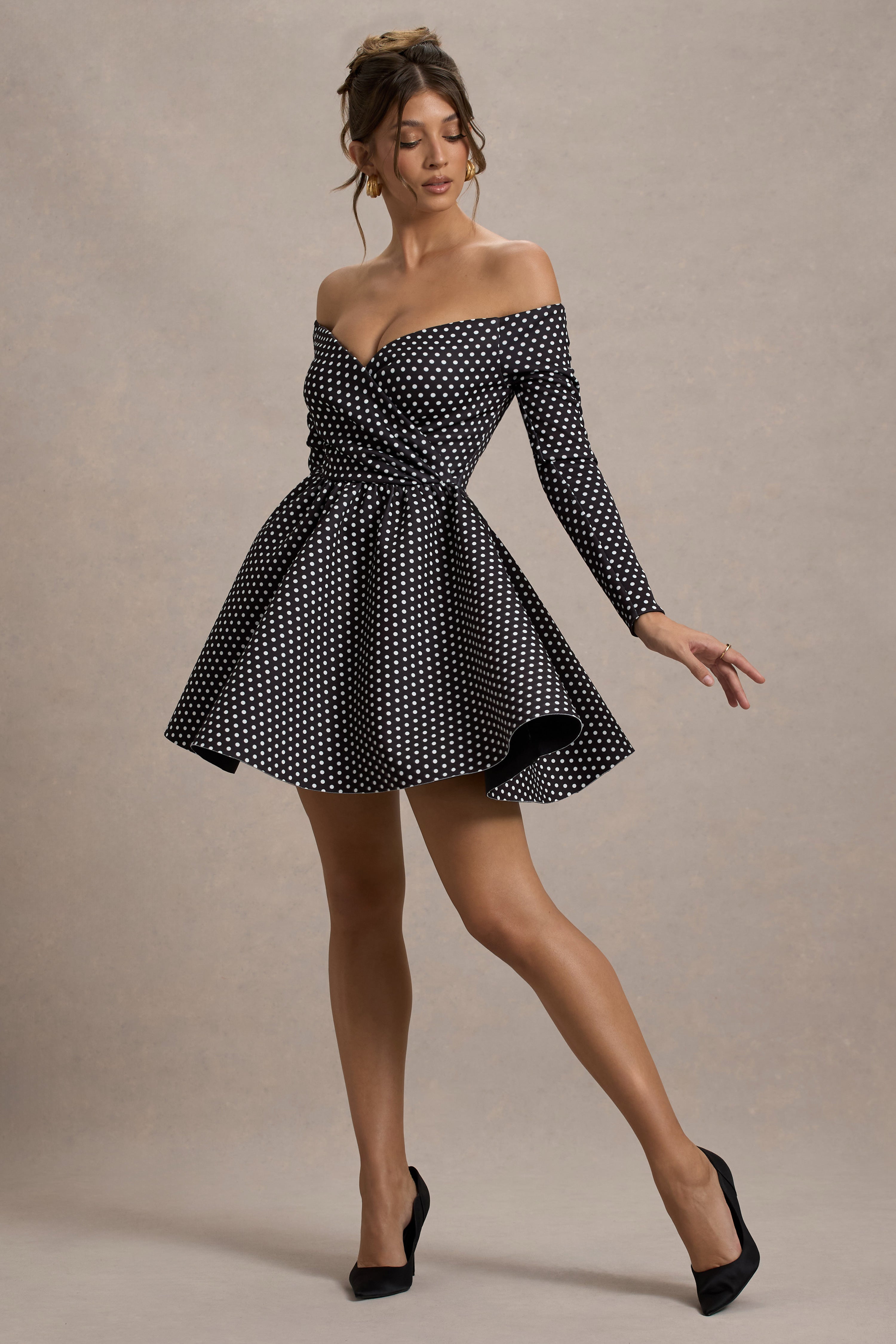 Black Polka Dot Bardot Long-Sleeve Mini Dress