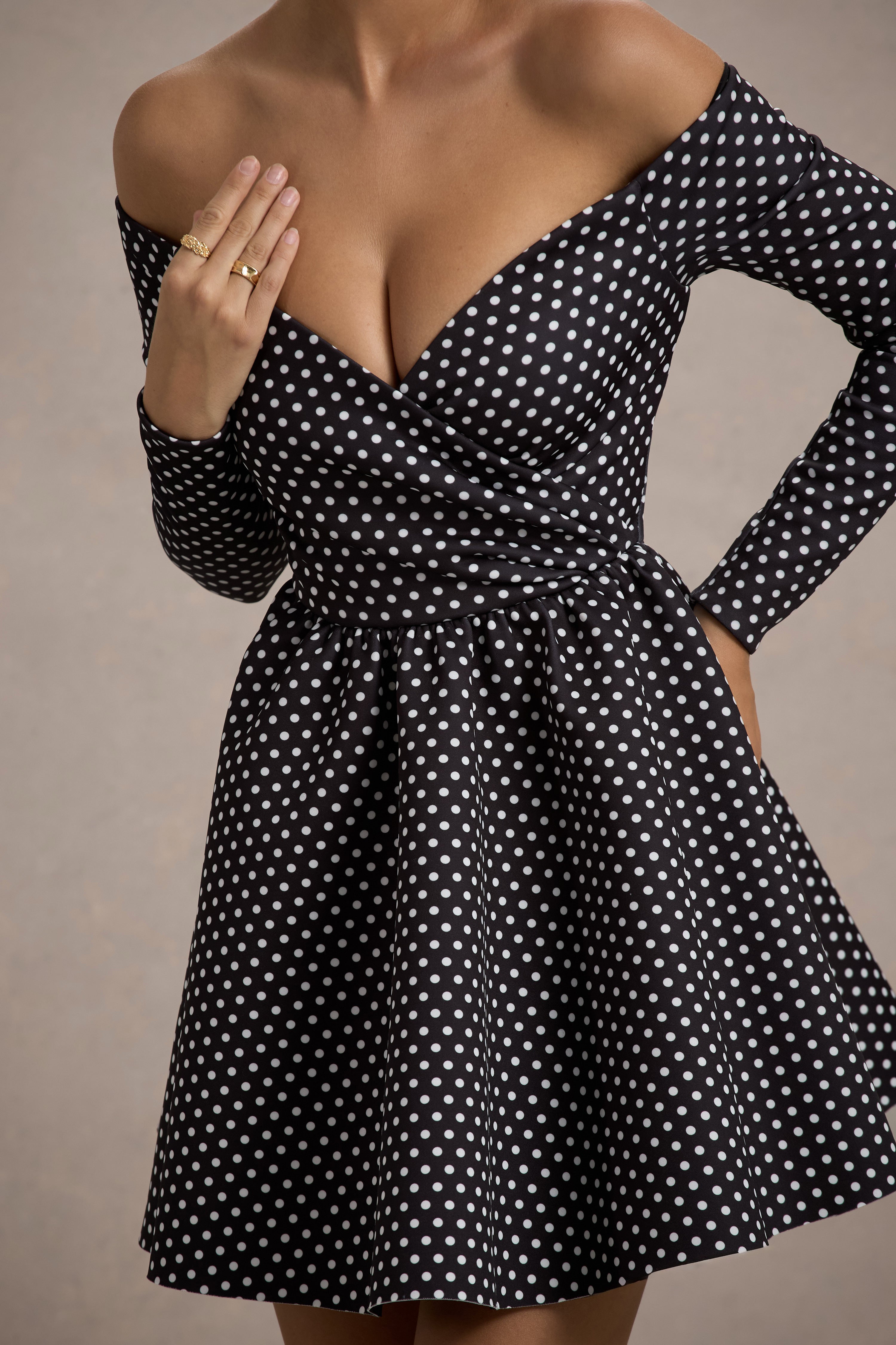 Black Polka Dot Bardot Long-Sleeve Mini Dress