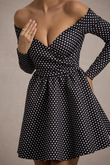 Black Polka Dot Bardot Long-Sleeve Mini Dress