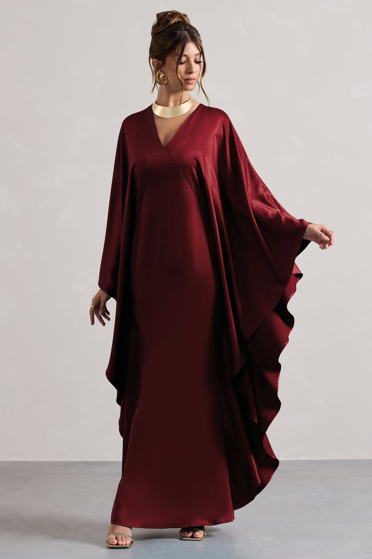 Berry Satin Plunge Cape Maxi Dress