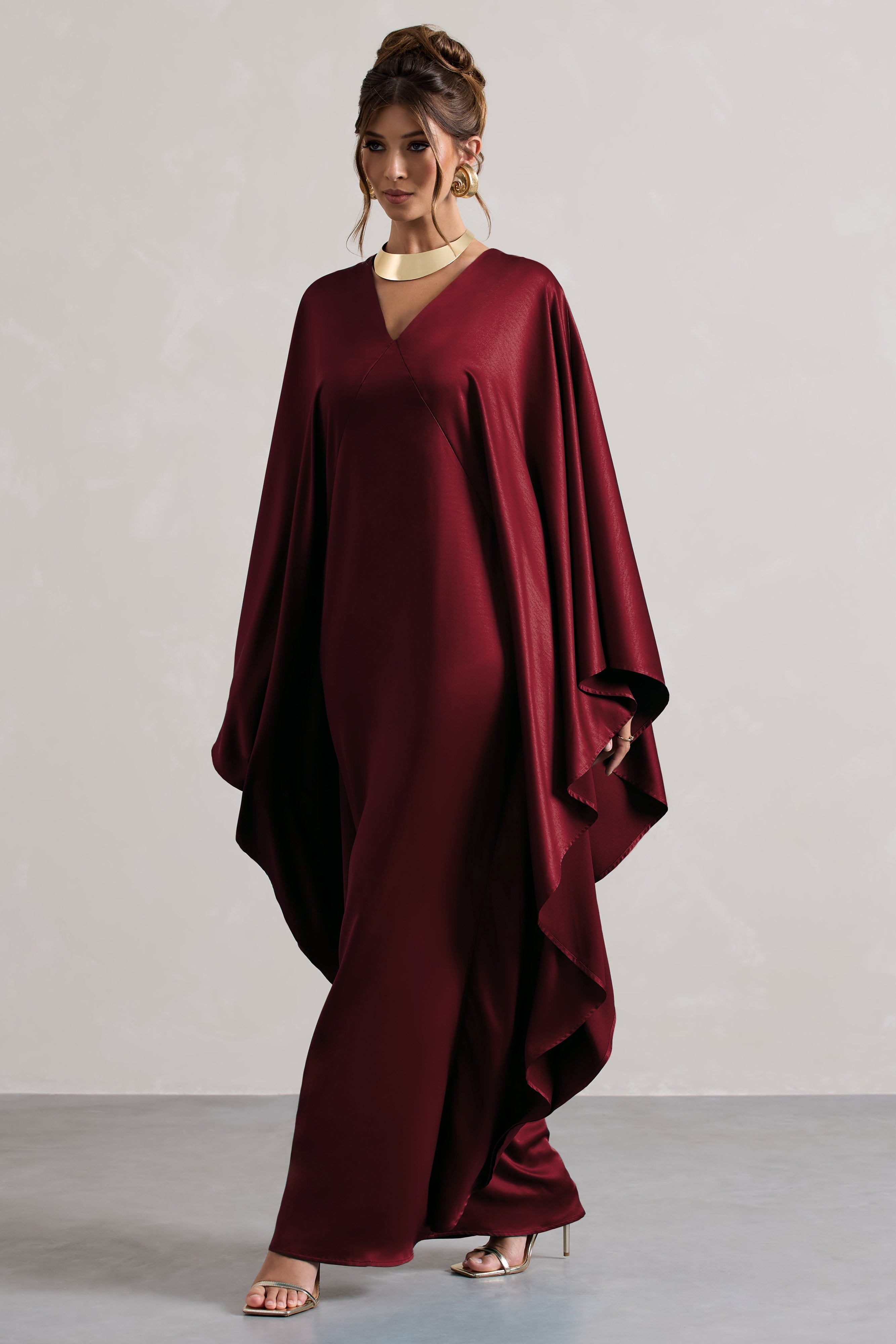 Berry Satin Plunge Cape Maxi Dress