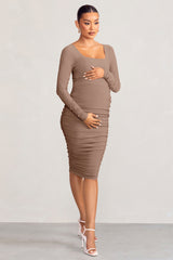 Mocha Maternity Square Neck Ruched Midi Dress
