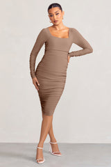 Mocha Maternity Square Neck Ruched Midi Dress