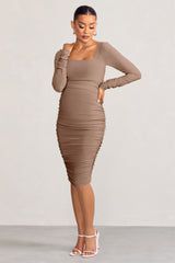 Mocha Maternity Square Neck Ruched Midi Dress