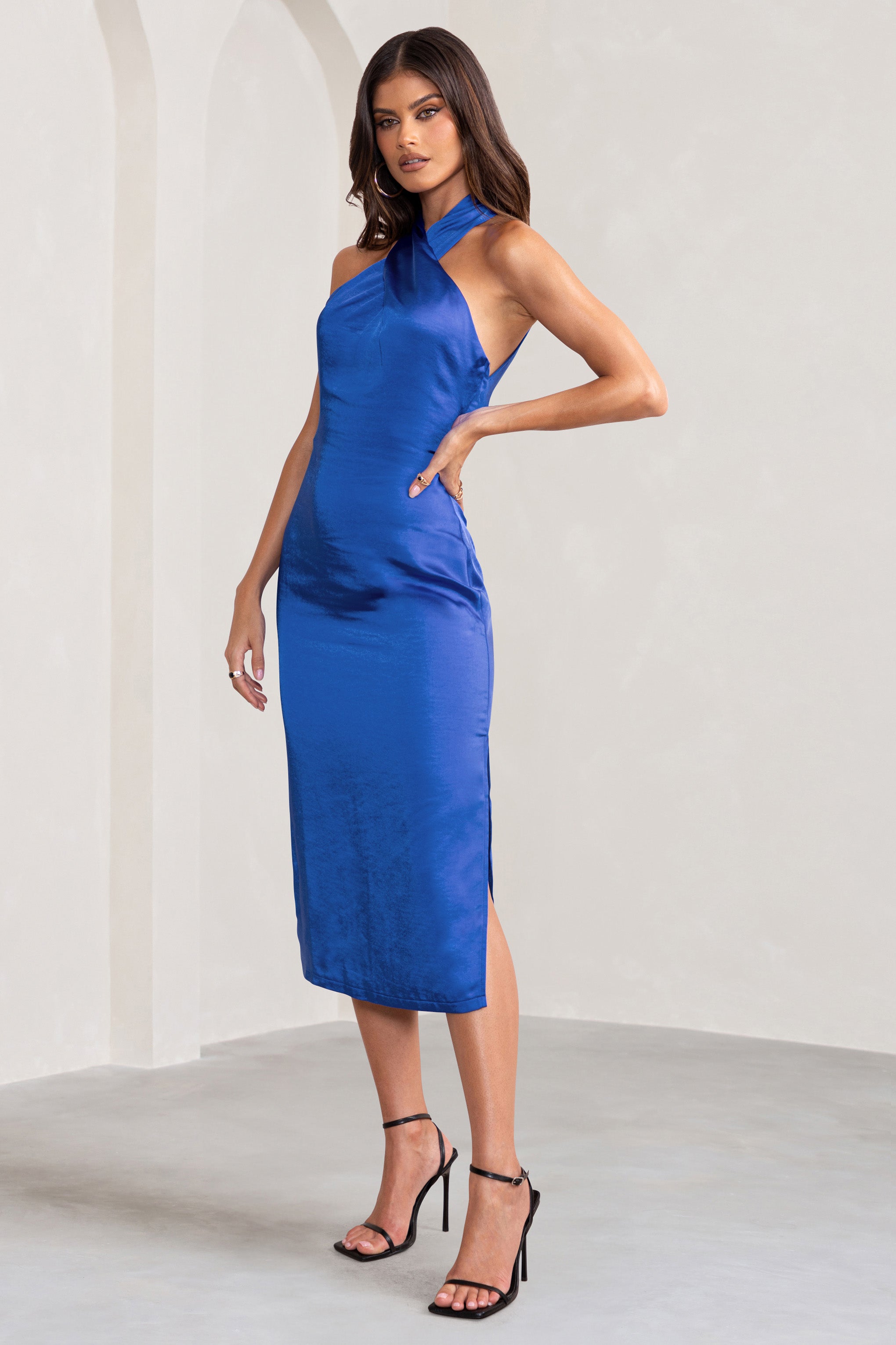 Cobalt Blue Satin Cross Over Halter Neck Midi Dress