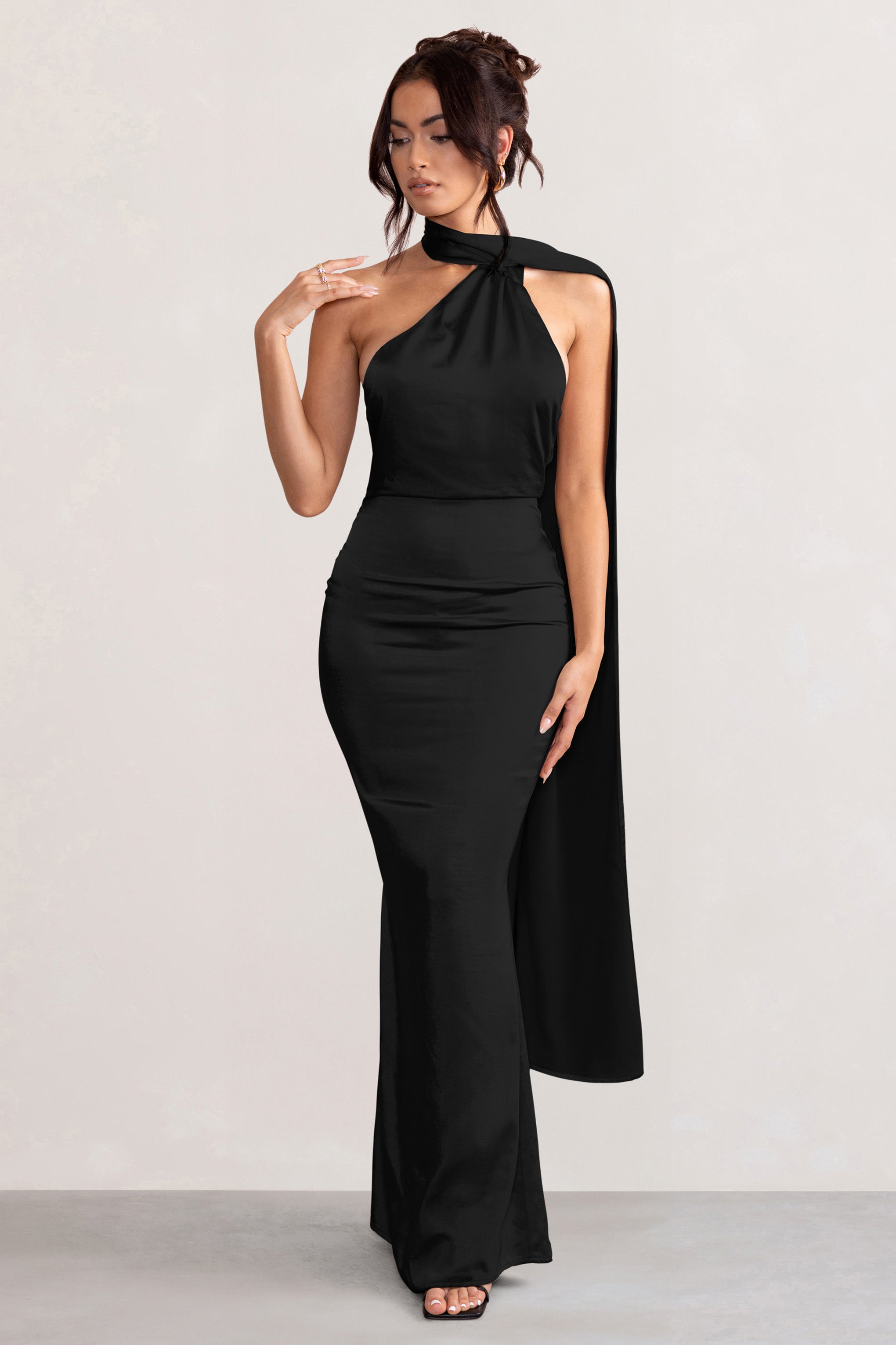 Black Satin Asymmetric Scarf Neck Backless Maxi Dress