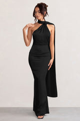 Black Satin Asymmetric Scarf Neck Backless Maxi Dress