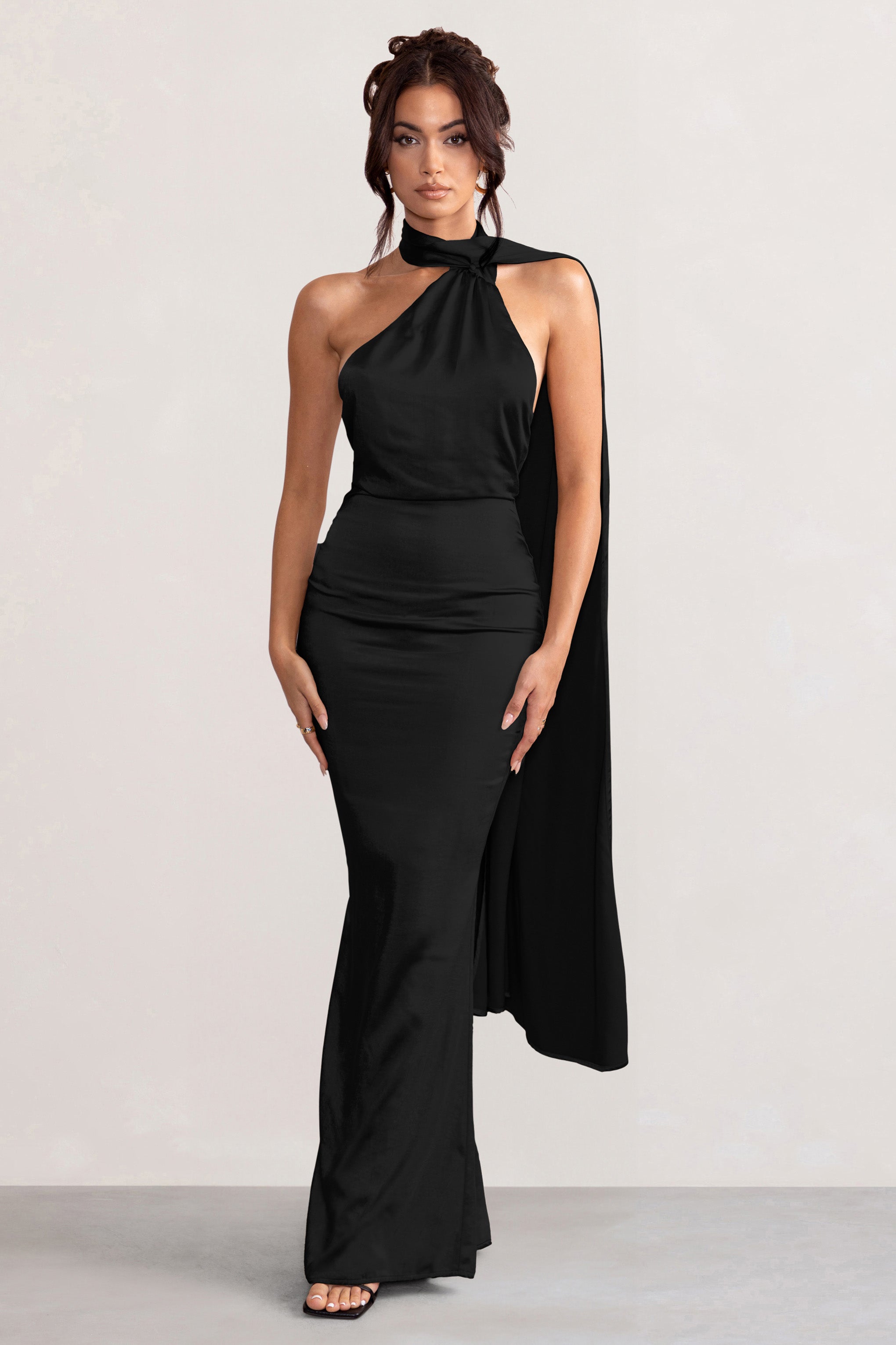 Black Satin Asymmetric Scarf Neck Backless Maxi Dress