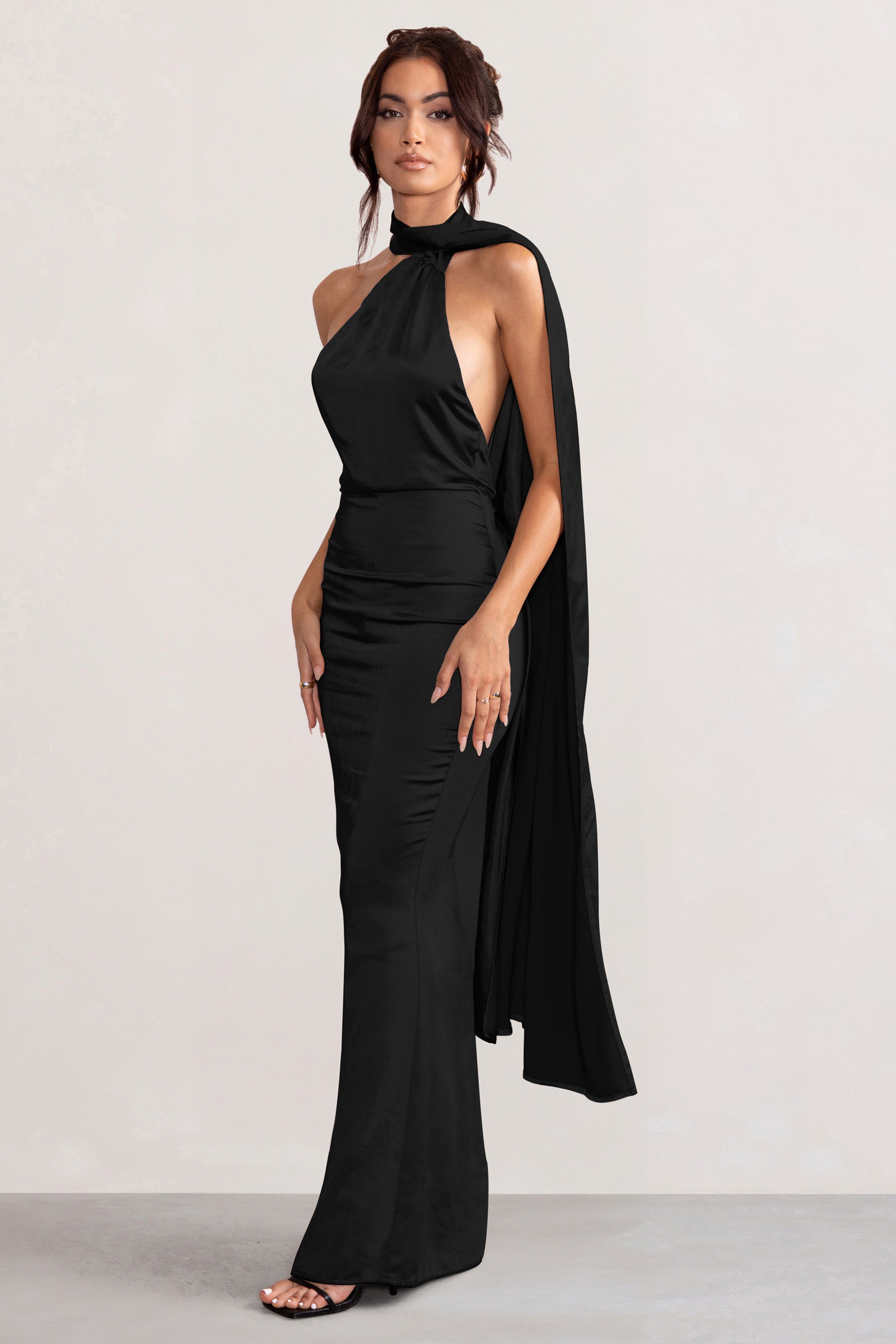 Black Satin Asymmetric Scarf Neck Backless Maxi Dress