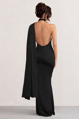 Black Satin Asymmetric Scarf Neck Backless Maxi Dress