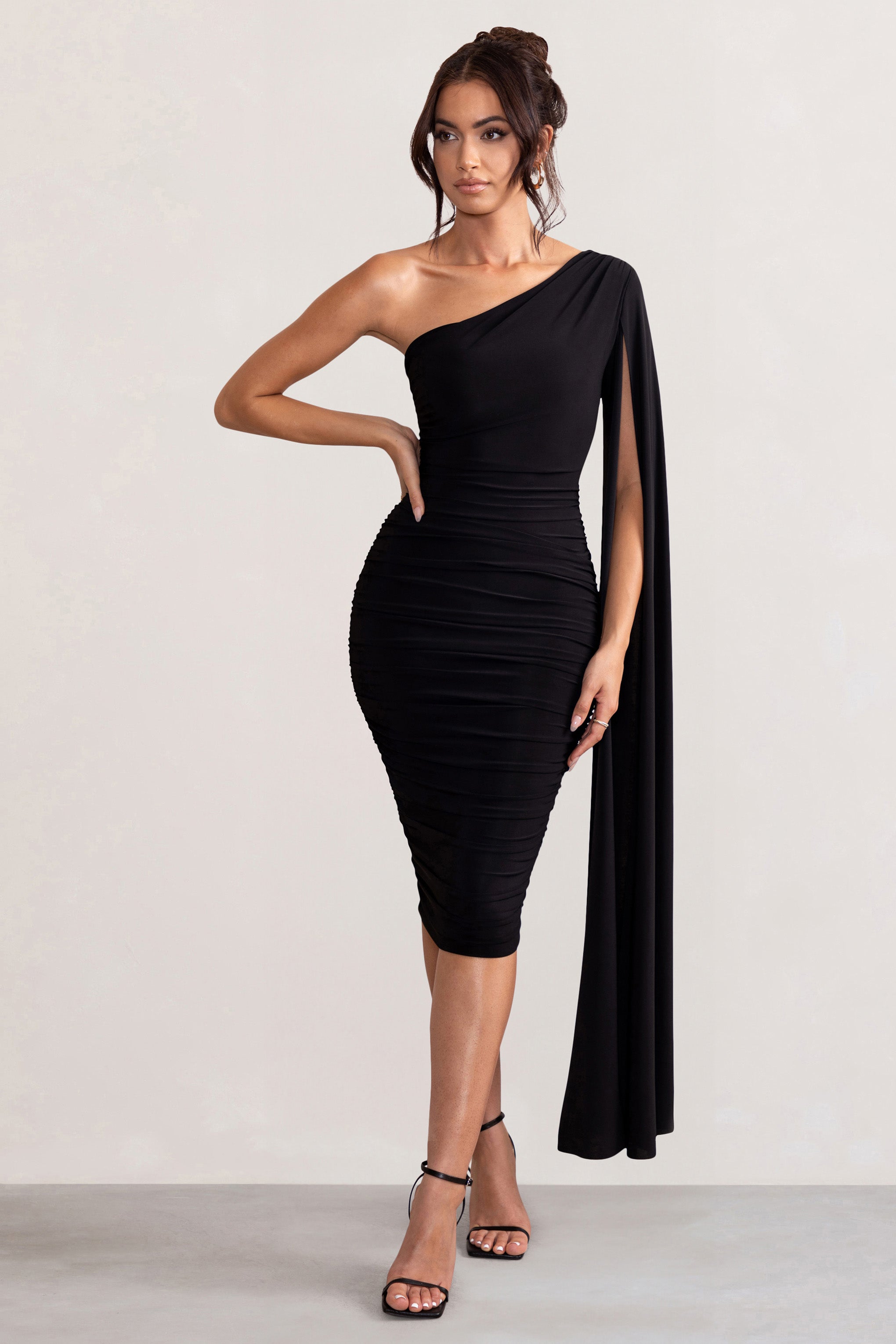 Black One Shoulder Cape Ruched Midi Dress