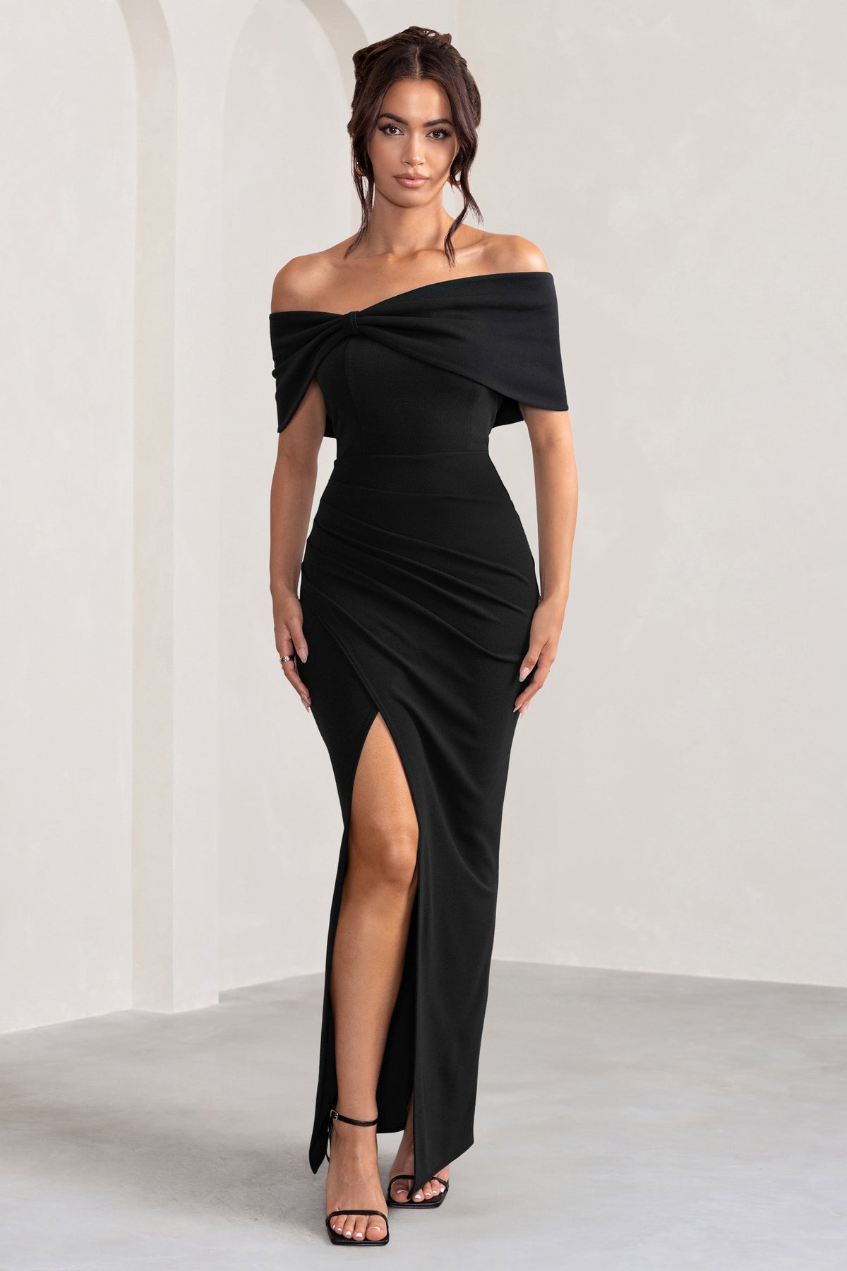 Black Bardot Bow Detail Maxi Dress With Thigh Split