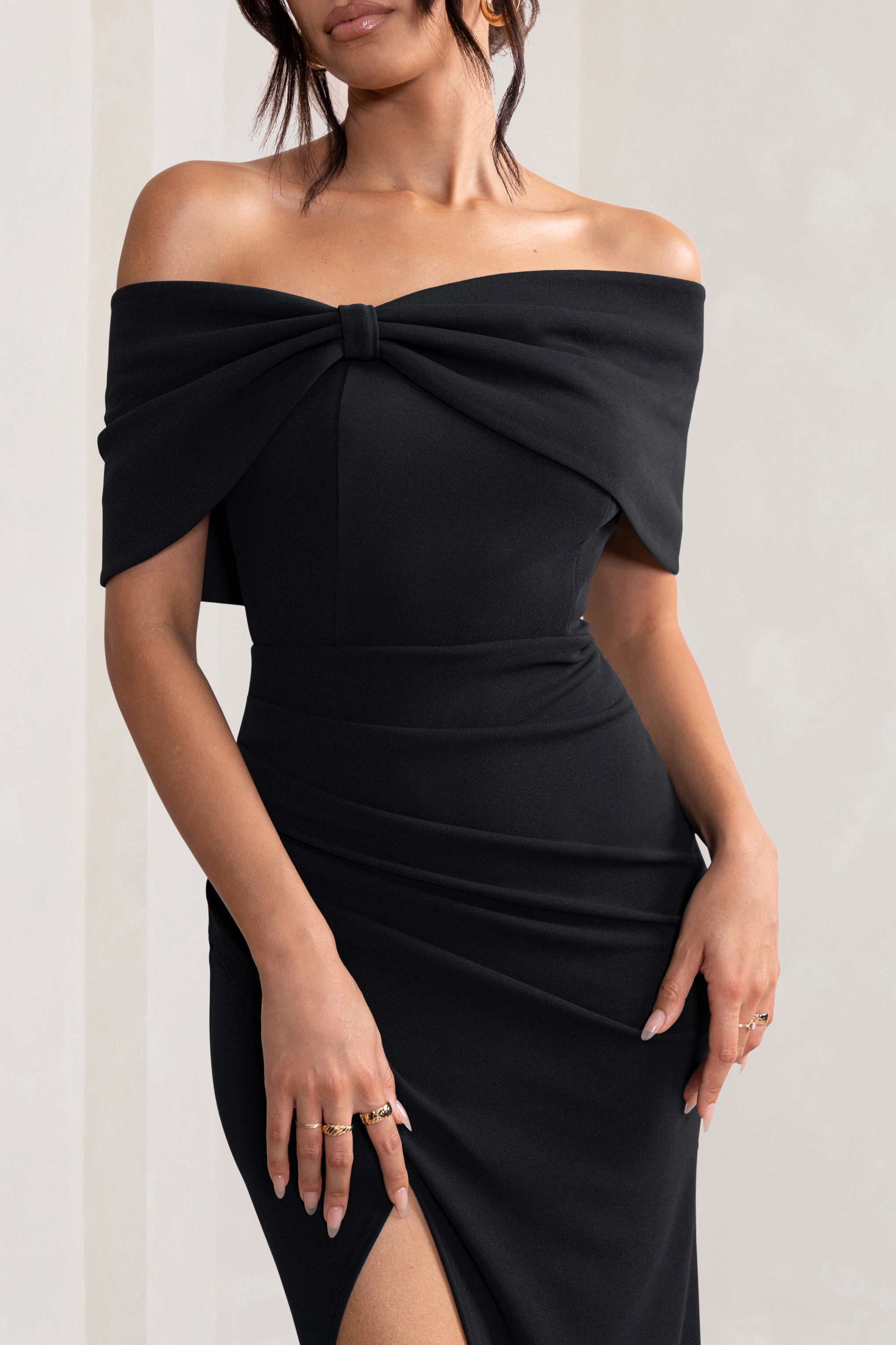 Black Bardot Bow Detail Maxi Dress With Thigh Split