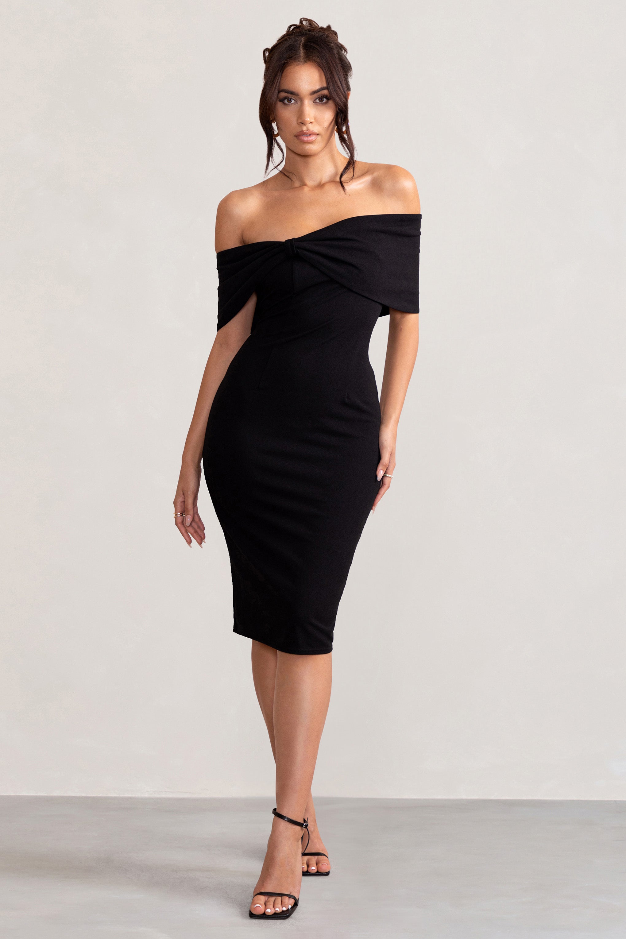 Black Bardot Bow Detail Midi Dress