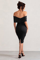 Black Bardot Bow Detail Midi Dress