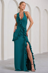 Bottle Green Ruffled Halter-Neck Split Maxi Dress