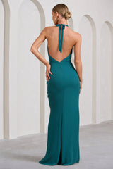 Bottle Green Ruffled Halter-Neck Split Maxi Dress