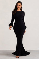 Black High Neck Long Sleeve Maxi Dress with Feather Cuffs