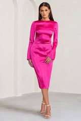 Hot Pink Long Sleeve Midi Dress with High Neckline