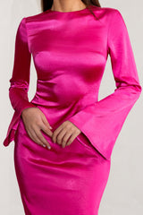 Hot Pink Long Sleeve Midi Dress with High Neckline
