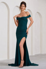 Bottle Green Ruched Bardot Split Fishtail Maxi Dress