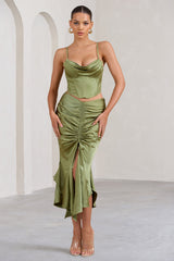 Olive Satin Ruched Split Maxi Skirt