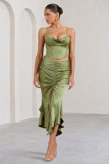 Olive Satin Ruched Split Maxi Skirt