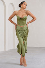 Olive Satin Ruched Split Maxi Skirt