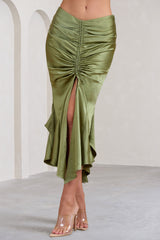 Olive Satin Ruched Split Maxi Skirt