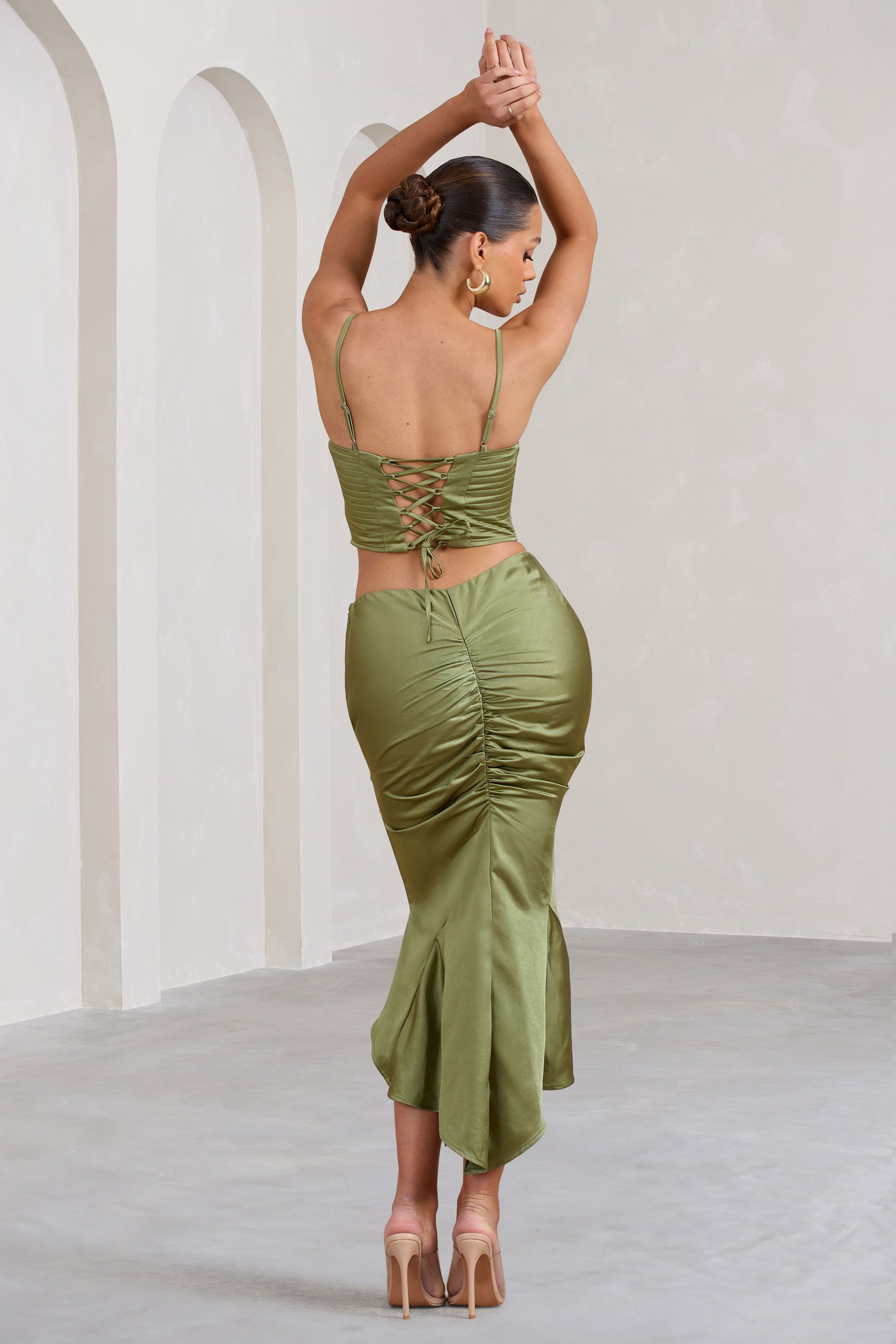 Olive Satin Ruched Split Maxi Skirt