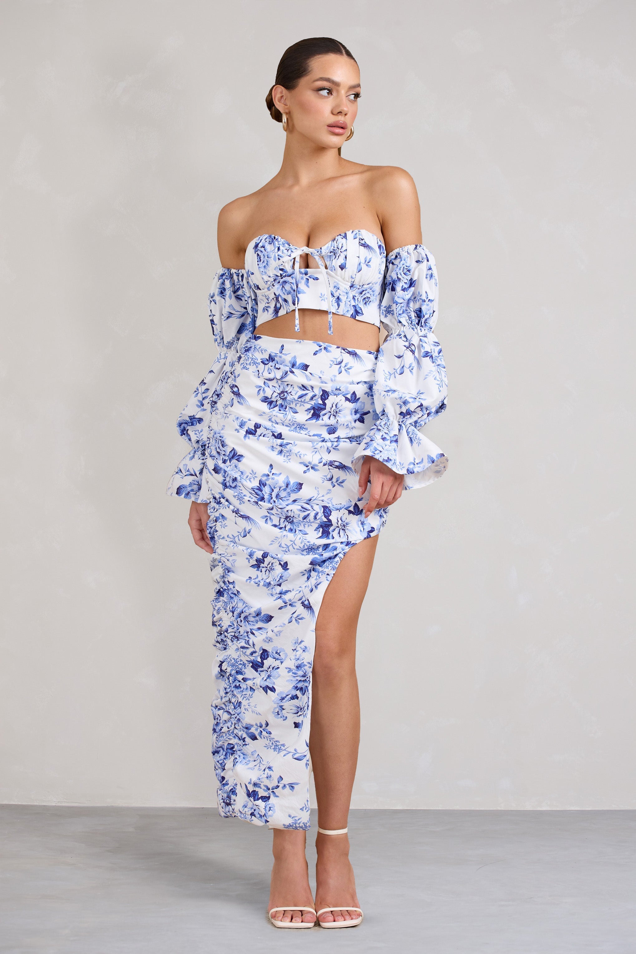Blue Floral Ruched Asymmetric Maxi Skirt
