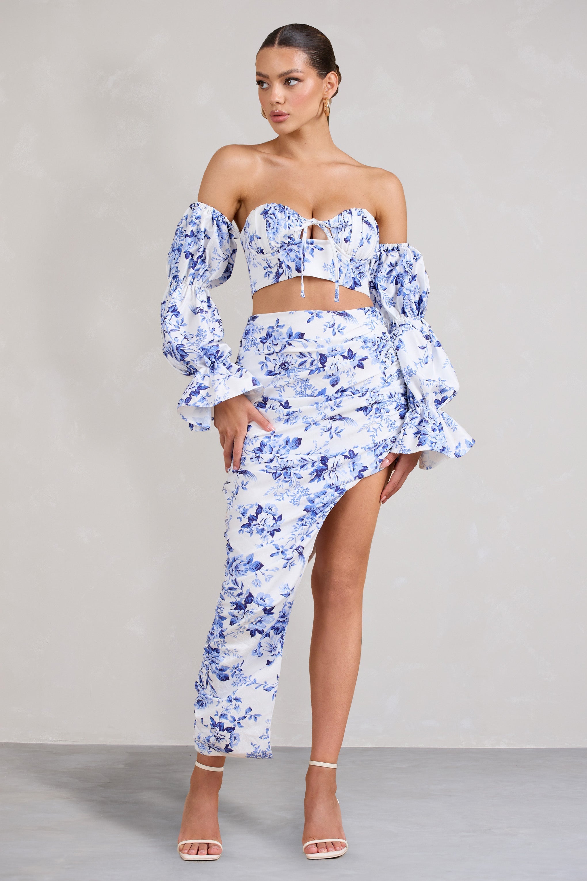 Blue Floral Ruched Asymmetric Maxi Skirt