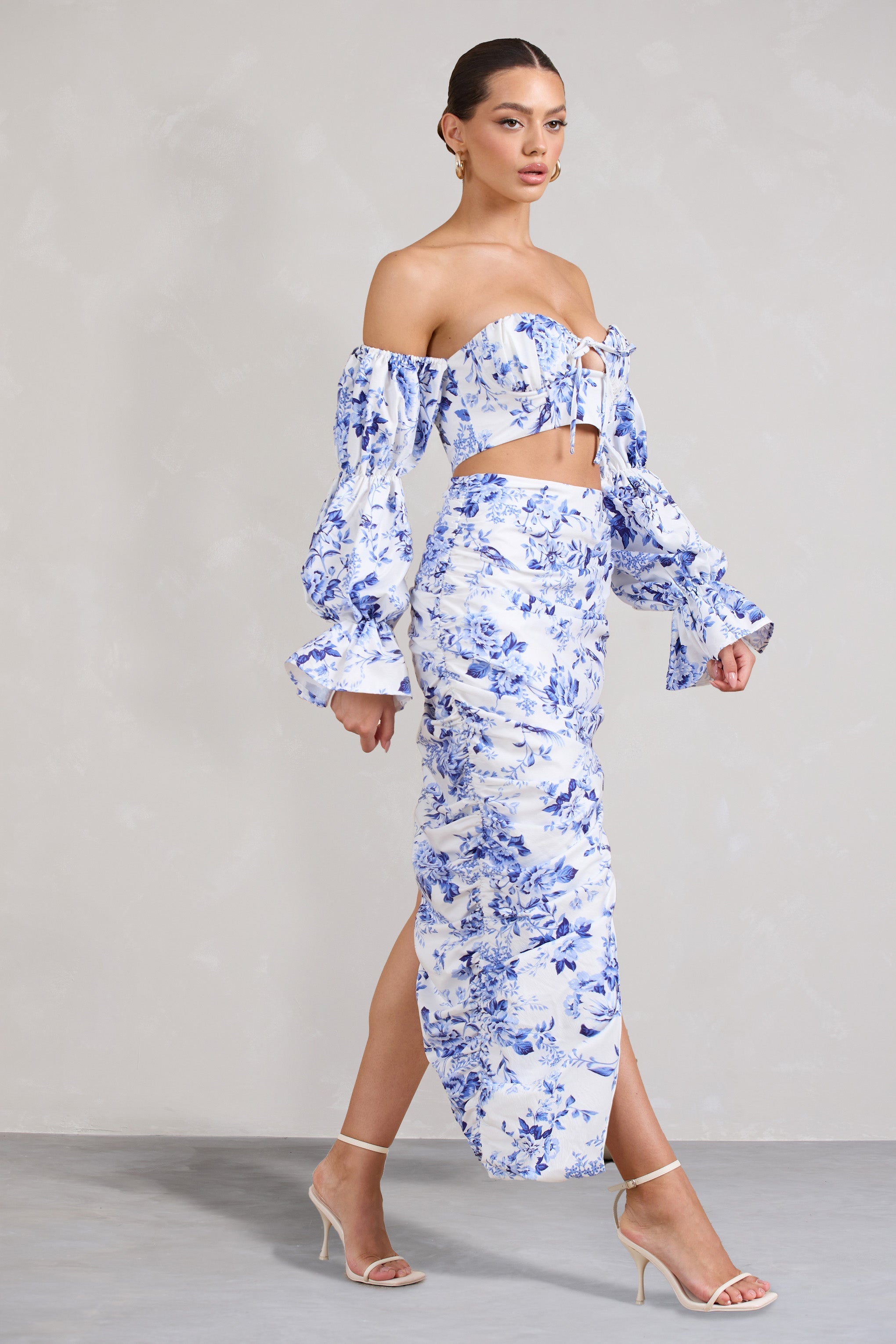 Blue Floral Ruched Asymmetric Maxi Skirt